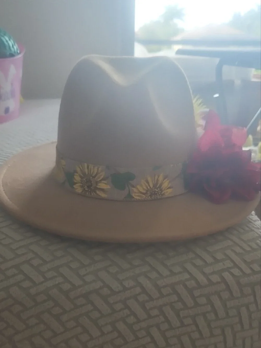 Womens Tan Felt Fedora with Red Flower and Feather Accent